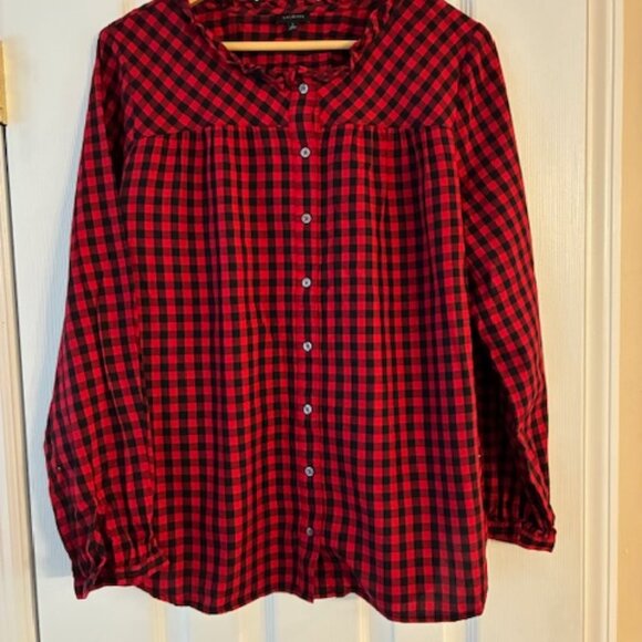 Talbots Women's Black Red Plaid Cotton Long Sleeve Button Ruffle Collar Shirt L - Picture 1 of 7